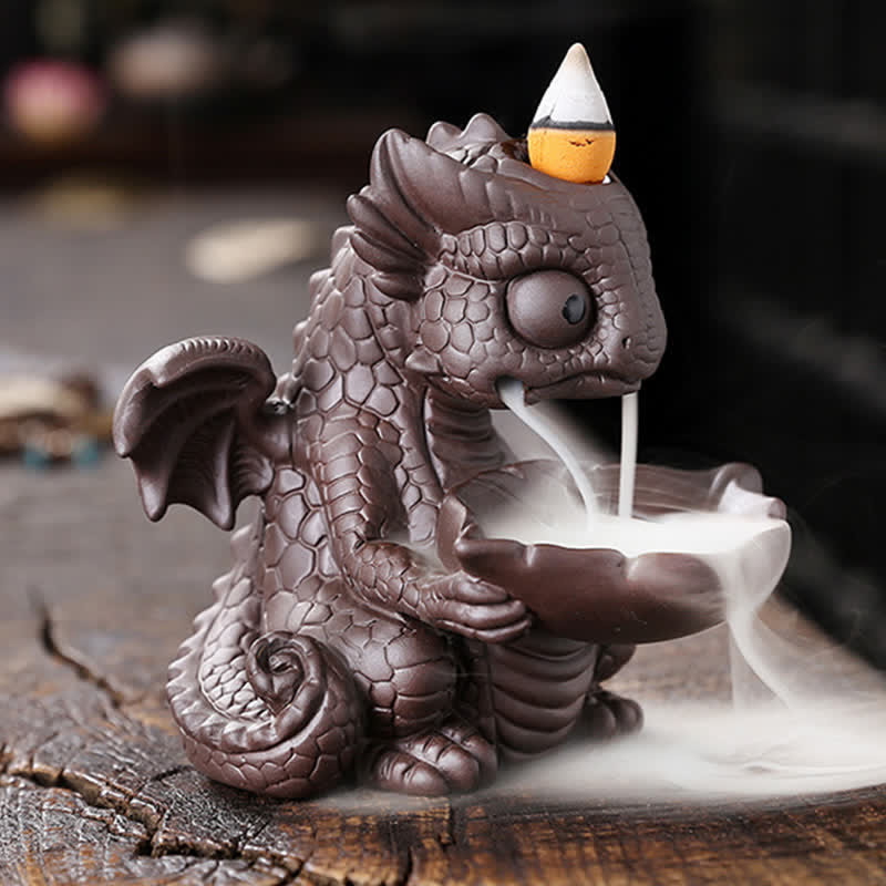 Precioso dinosaurio de arcilla púrpura, fuente de humo de reflujo, decoración de quemador de incienso curativo