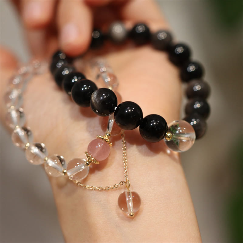 Pulsera de pareja de Color Yin Yang con protección de cristal blanco de cristal rosa obsidiana con brillo de plata Natural - image 0