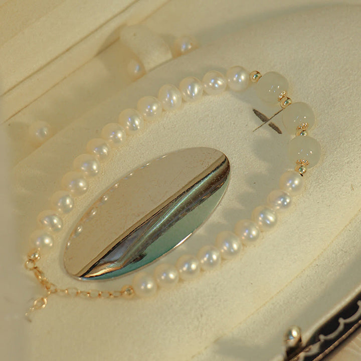 Pulsera de cadena de cuentas de sinceridad de jade blanco de jade cian hetiano con perlas naturales chapadas en oro de 14 quilates