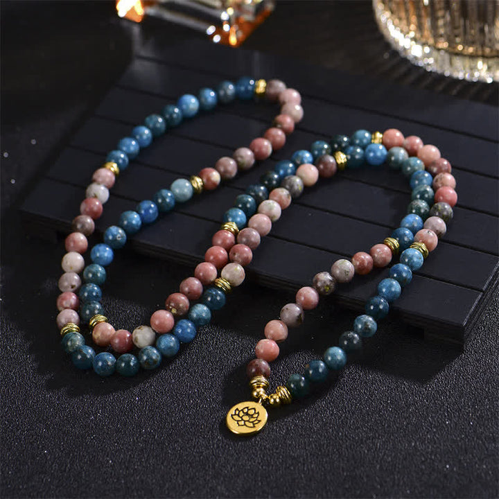 Buddha Stones Lazurita Jaspe Picasso Amazonita Rodonita Apatita Pulsera de cuentas de oración de loto positivo