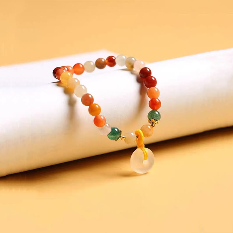 Pulsera de riqueza con hebilla de paz de jade de seda dorada colorida chapada en oro de 14 Buddha Stones