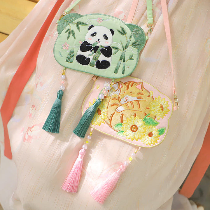Bordado de Buddha Stones, Panda de la suerte, gato, Shiba Inu, ciervo, conejo, zorro, flor, Animal bonito, Hanfu, bolso cruzado, bolso de hombro
