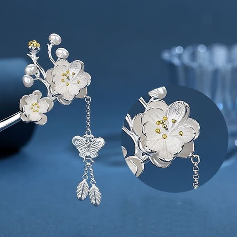 Horquilla con borlas de libertad y amor de mariposa, flor de ciruelo