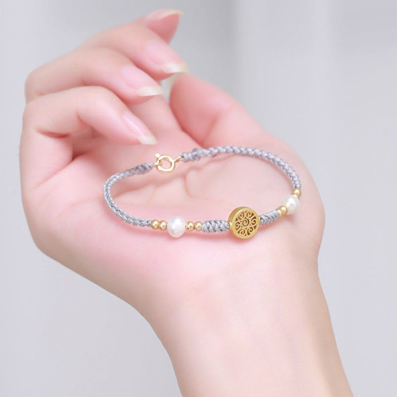 Pulsera trenzada de cuerda azul con Buddha Stones, moneda de cobre, árbol de la fortuna, perla, suerte