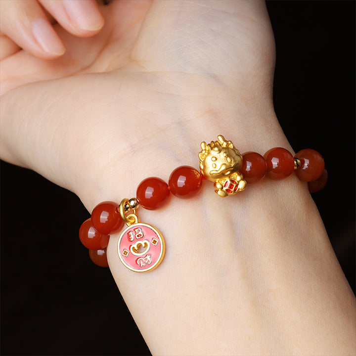 Buddha Stones Año del Dragón Ágata Roja Natural Moneda de Cobre Atraer Pulsera de la Fortuna