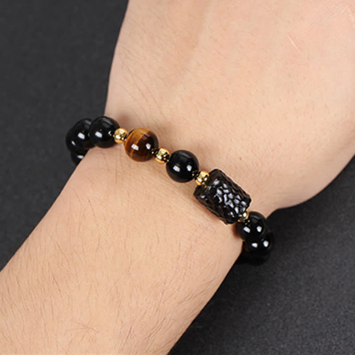 Pulsera de pareja de fuerza de ojo de tigre rojo de madera de ébano de obsidiana negra