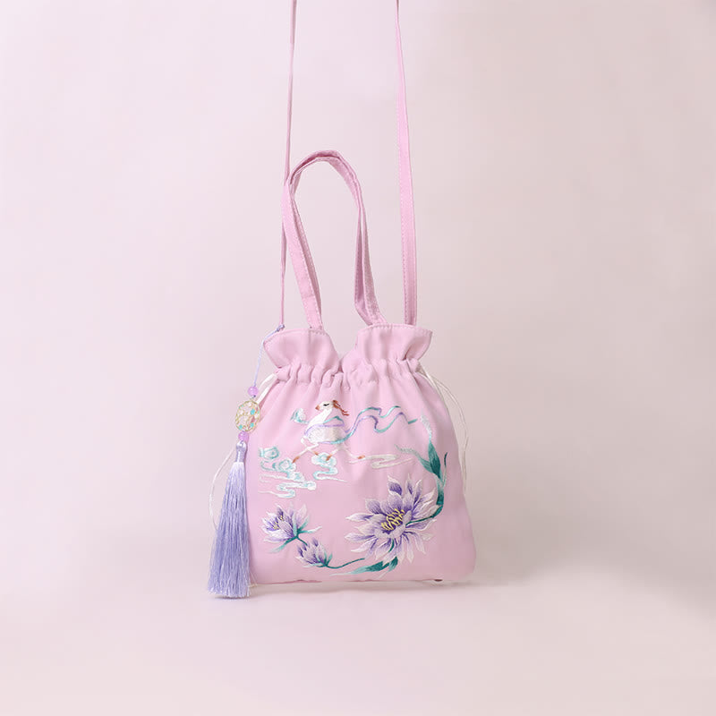 Buddha Stones Suzhou bordado Lotus Deer Epiphyllum peonía conejo algodón lino bolso bandolera bolso de hombro