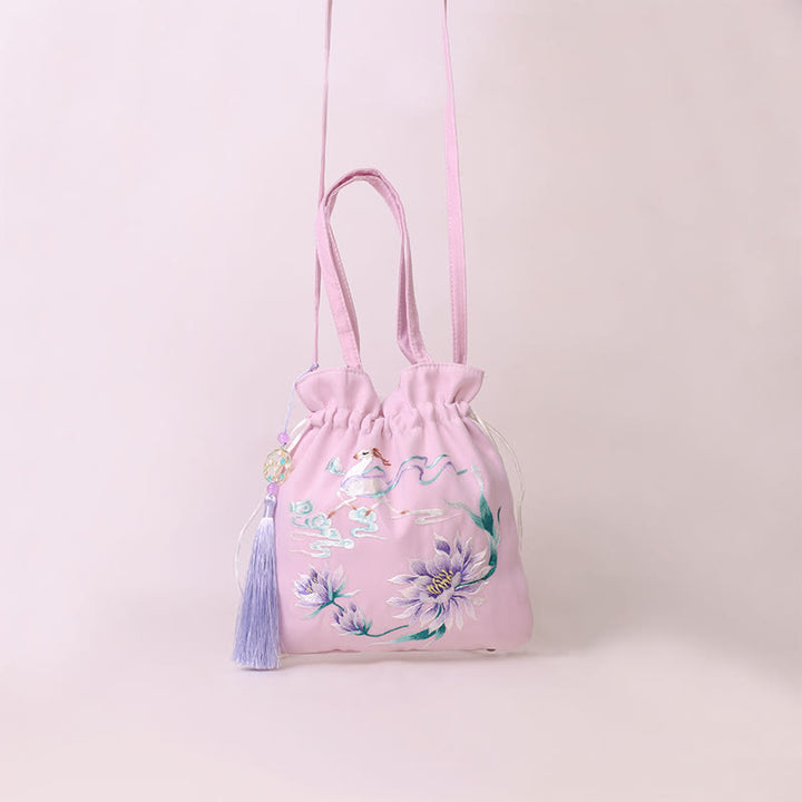 Buddha Stones Suzhou bordado Lotus Deer Epiphyllum peonía conejo algodón lino bolso bandolera bolso de hombro