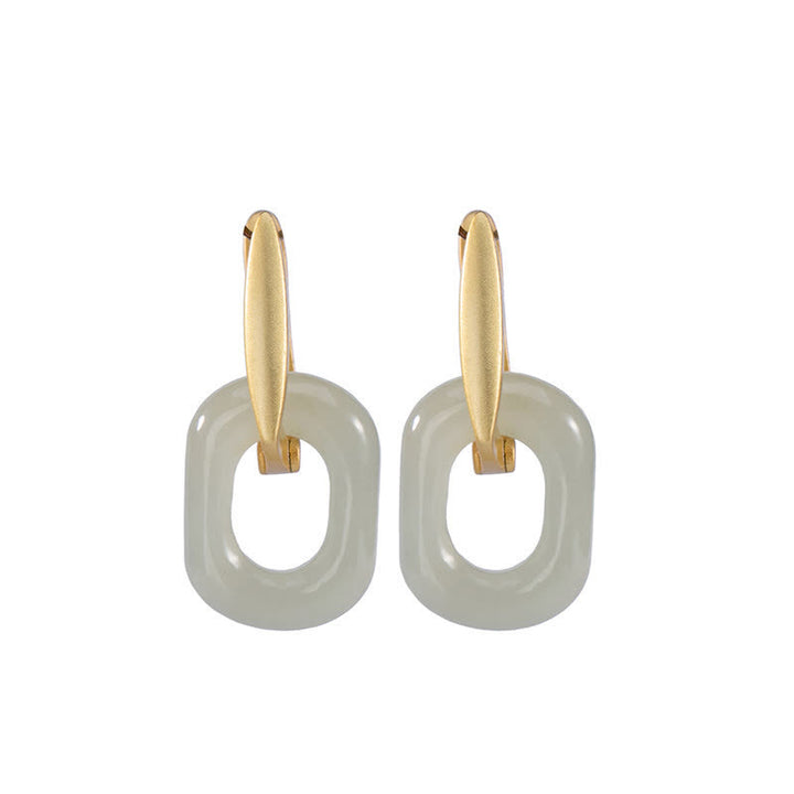 Pendientes de bendición de la felicidad de jade blanco redondo de plata de ley 925 con Buddha Stones