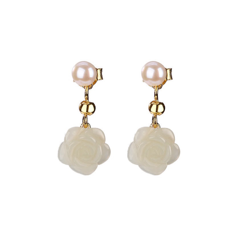 Pendientes de la suerte con perlas de jade cian y flor de rosa de jade chapado en plata de ley 925 con Buddha Stones