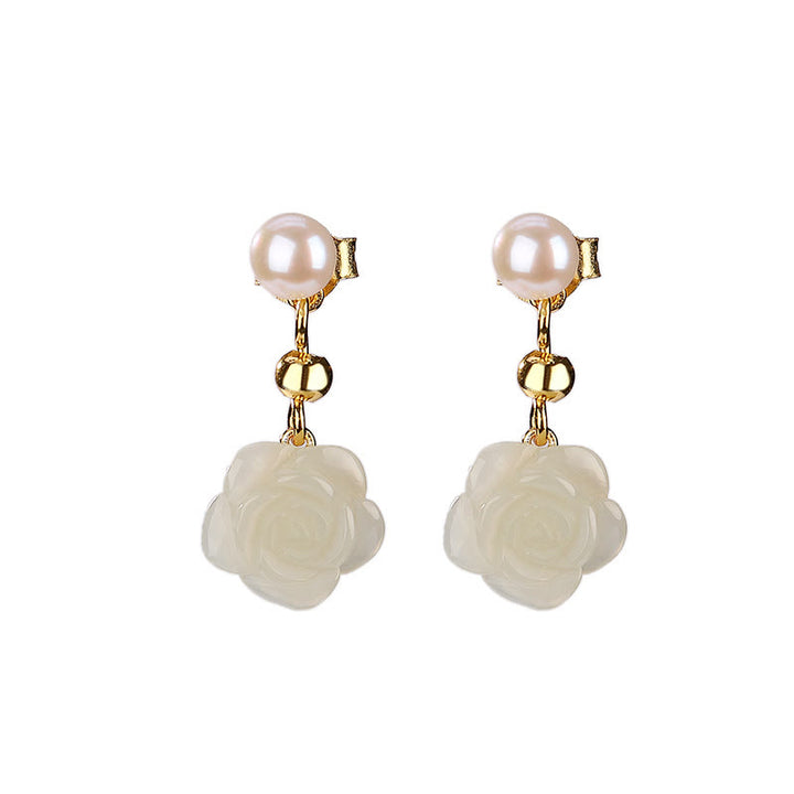 Pendientes de la suerte con perlas de jade cian y flor de rosa de jade chapado en plata de ley 925 con Buddha Stones