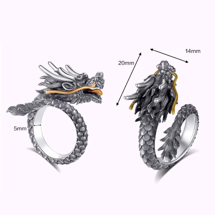 Anillo ajustable de fuerza de protección con diseño de dragón vintage de plata de ley 925 con Buddha Stones