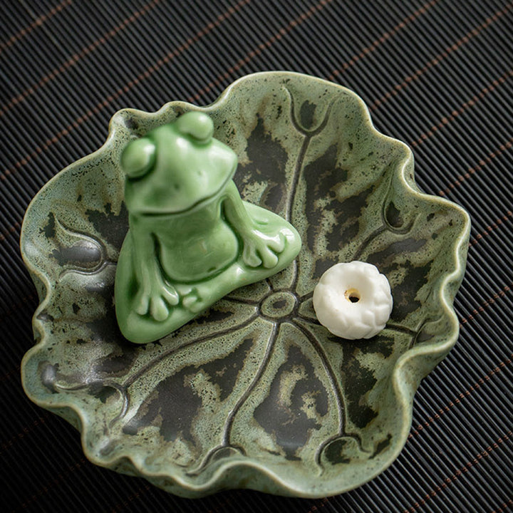 Quemador de incienso de cerámica curativo con patrón de rana para meditación de hojas de Buddha Stones, decoración
