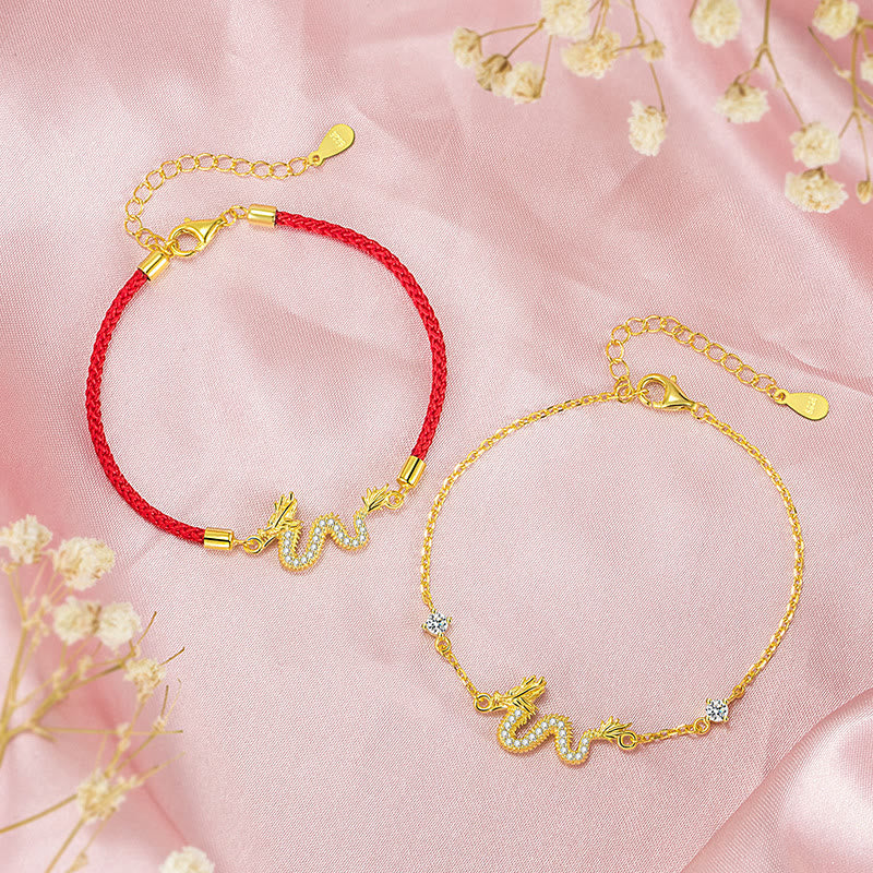 Pulsera de cadena de cuerda roja de la suerte del dragón dorado del Año del Dragón de Plata de Ley 925 con piedras de Buda