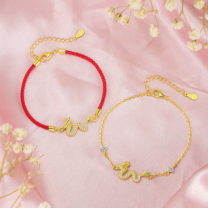 Pulsera de cadena de cuerda roja de la suerte del dragón dorado del Año del Dragón de Plata de Ley 925 con piedras de Buda