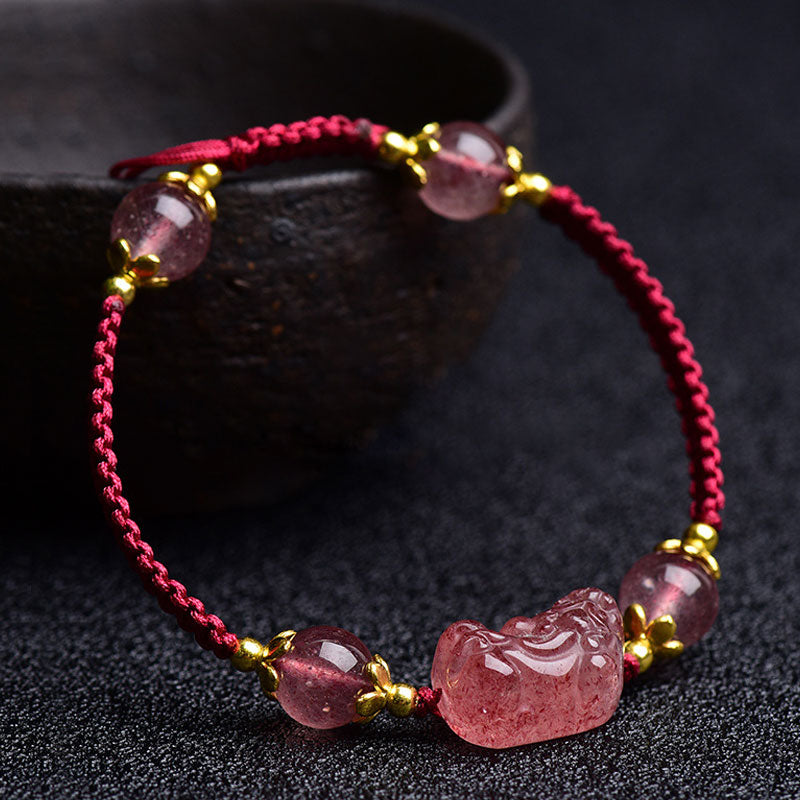 Pulsera de hilo rojo de la suerte con dije de Pixiu de cristal de fresa Natural con Buddha Stones