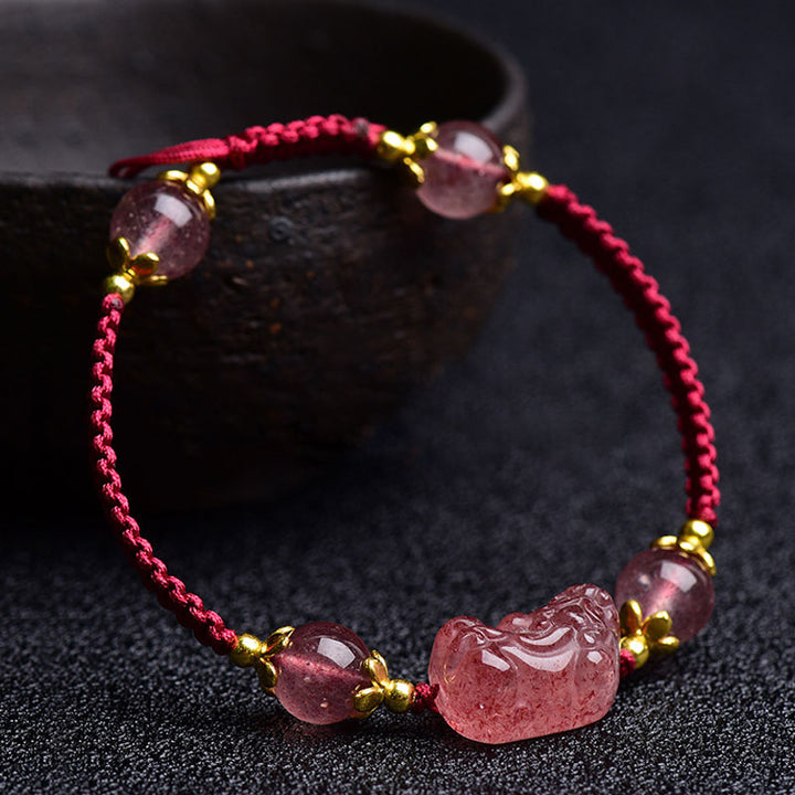 Pulsera de hilo rojo de la suerte con dije de Pixiu de cristal de fresa Natural con Buddha Stones
