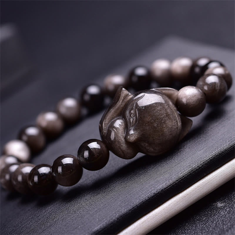 Pulsera de protección de zorro de obsidiana brillante de plata natural con Buddha Stones