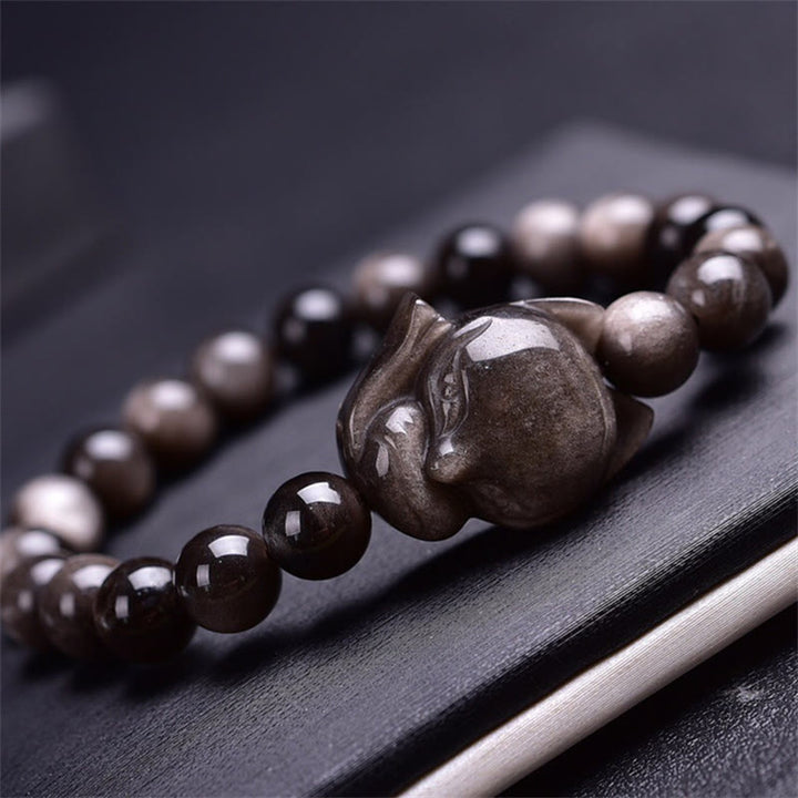 Pulsera de protección de zorro de obsidiana brillante de plata natural con Buddha Stones