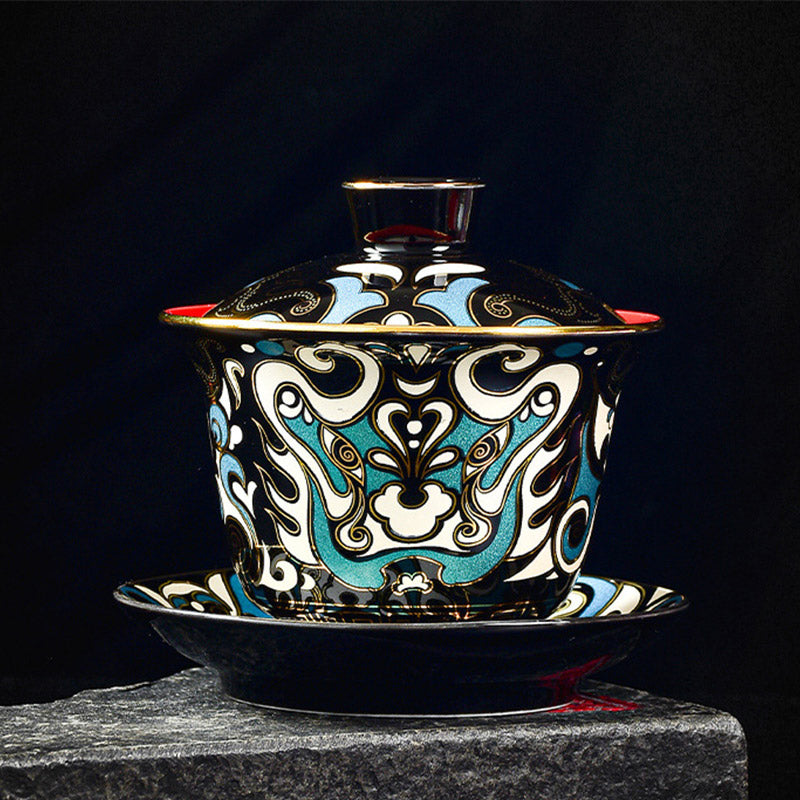 Taza de té de cerámica con diseño de máscara de Ópera de Pekín, Buddha Stones , Gaiwan Sancai, taza de té de Kung Fu y platillo con tapa, tetera