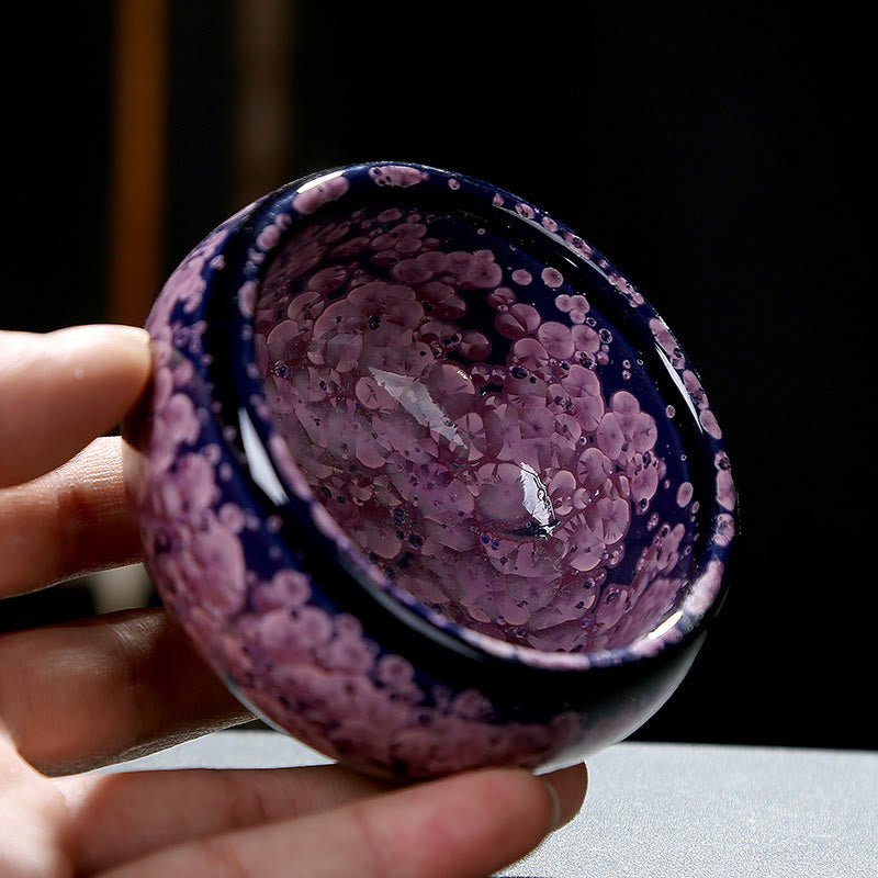 Taza de té de porcelana con Buddha Stones, flores de Iris coloridas, horno chino Jianzhan, cambio, Tenmoku, Kung Fu