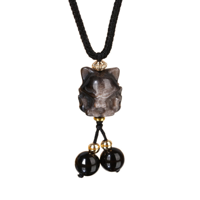 Colgante de collar de protección de zorro de nueve colas de obsidiana brillante de plata natural con Buddha Stones