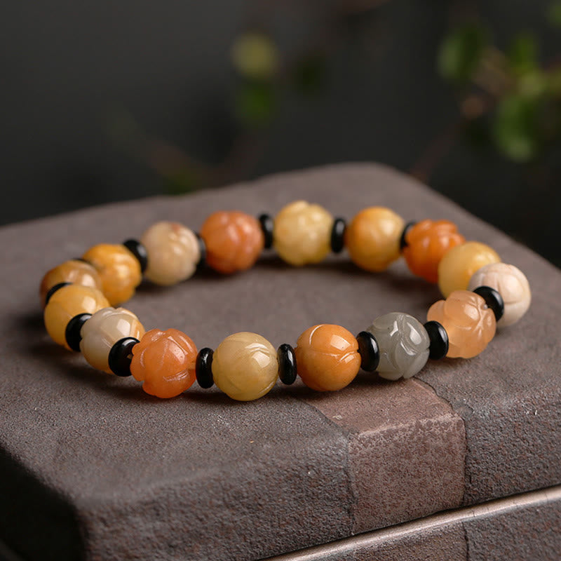 Pulsera de suerte y riqueza de loto de jade de seda dorada
