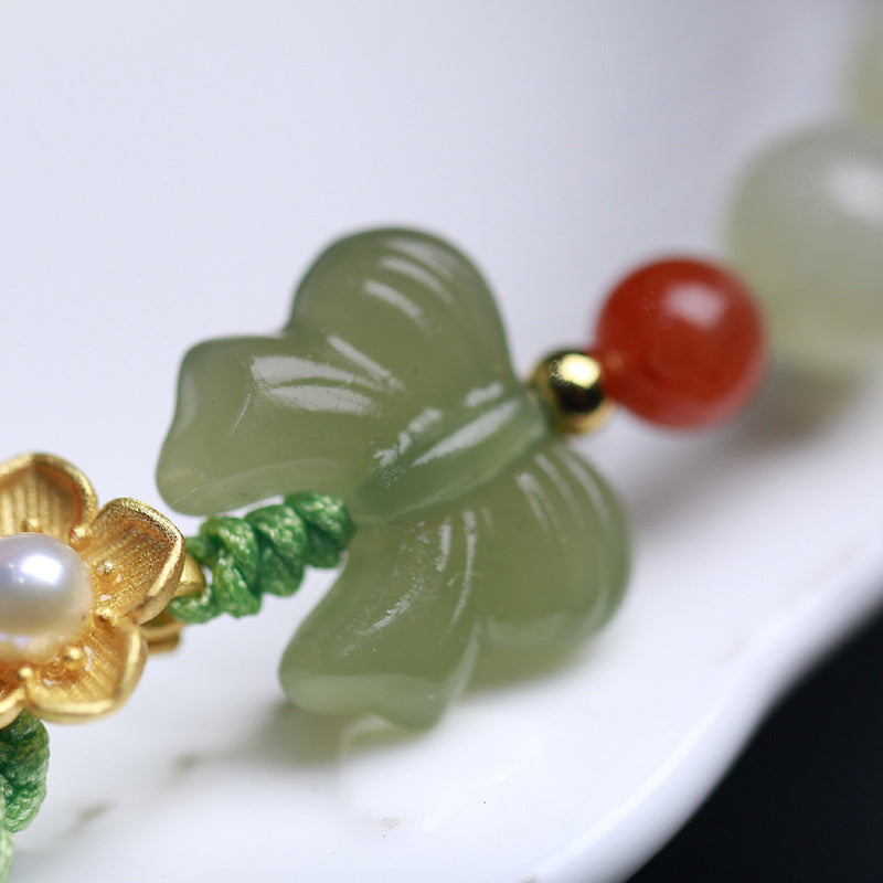 Pulsera de mariposa y flor de la suerte de jade de plata de ley 925 con Buddha Stones