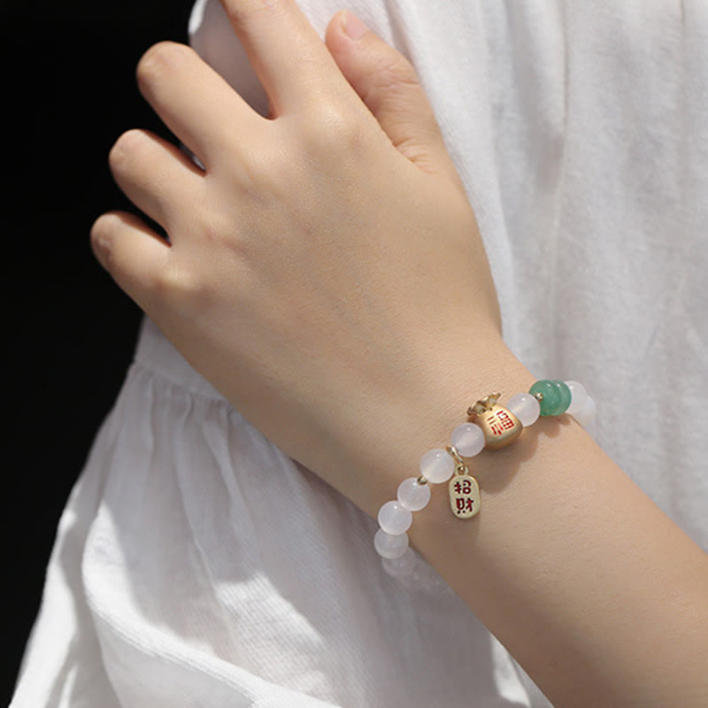 Buddha Stones Ágata blanca natural Ágata roja Bolsa de dinero Personaje Fu Pulsera de protección de trébol de cuatro hojas