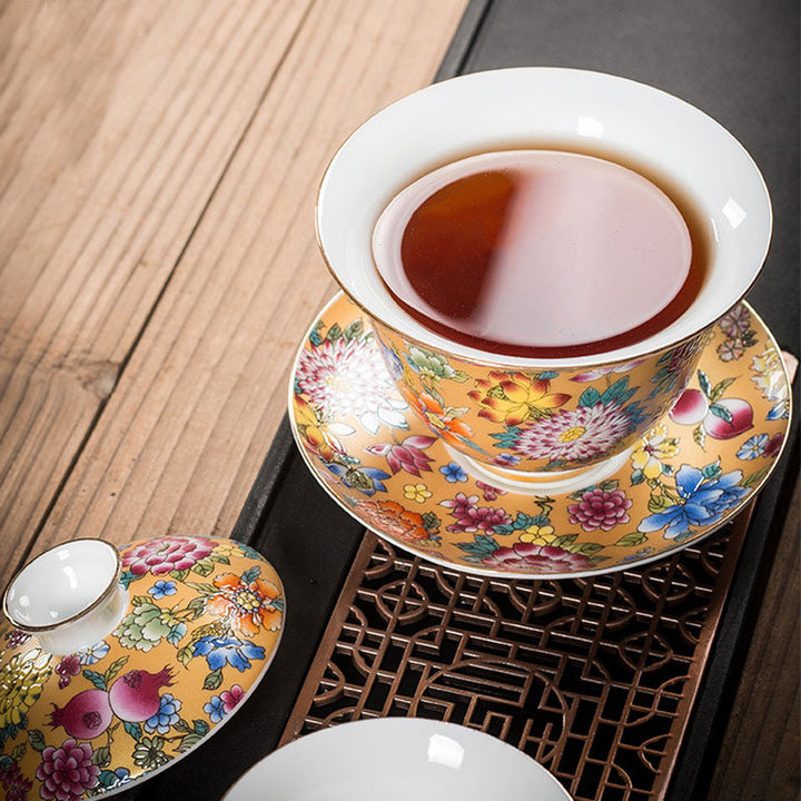Taza de té y platillo con tapa, Gaiwan Sancai de cerámica, flores de peonía, Buddha Stones , Kung Fu