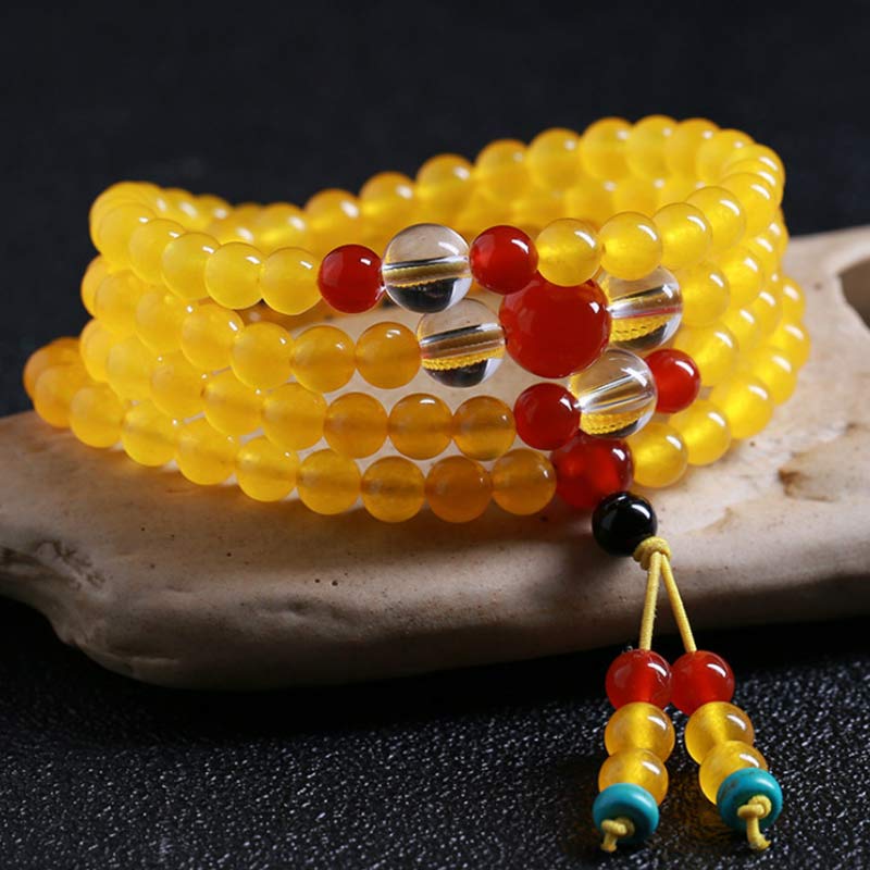 Pulsera Armonía 108 Cuentas Mala Calcedonia Amarilla