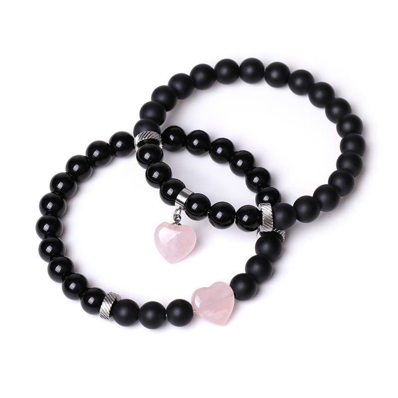 Buddha Stones 2 piezas de piedra de cristal de ónix negro amor protección del corazón pulsera de pareja
