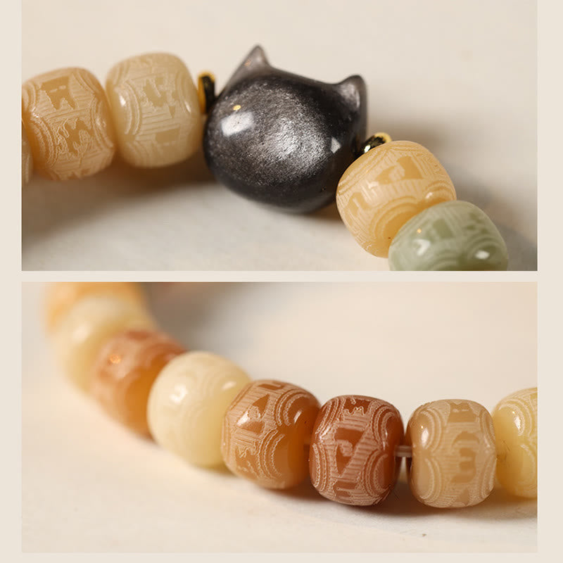 Pulsera de armonía grabada con Buddha Stones de Bodhi, brillo plateado, obsidiana, cabeza de gato, Om Mani Padme Hum - image 4