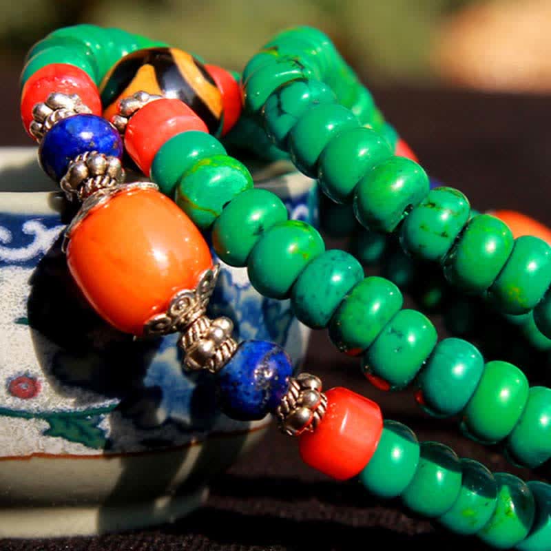 Pulsera de protección de cuentas Dzi de turquesa tibetana con 108 cuentas Mala