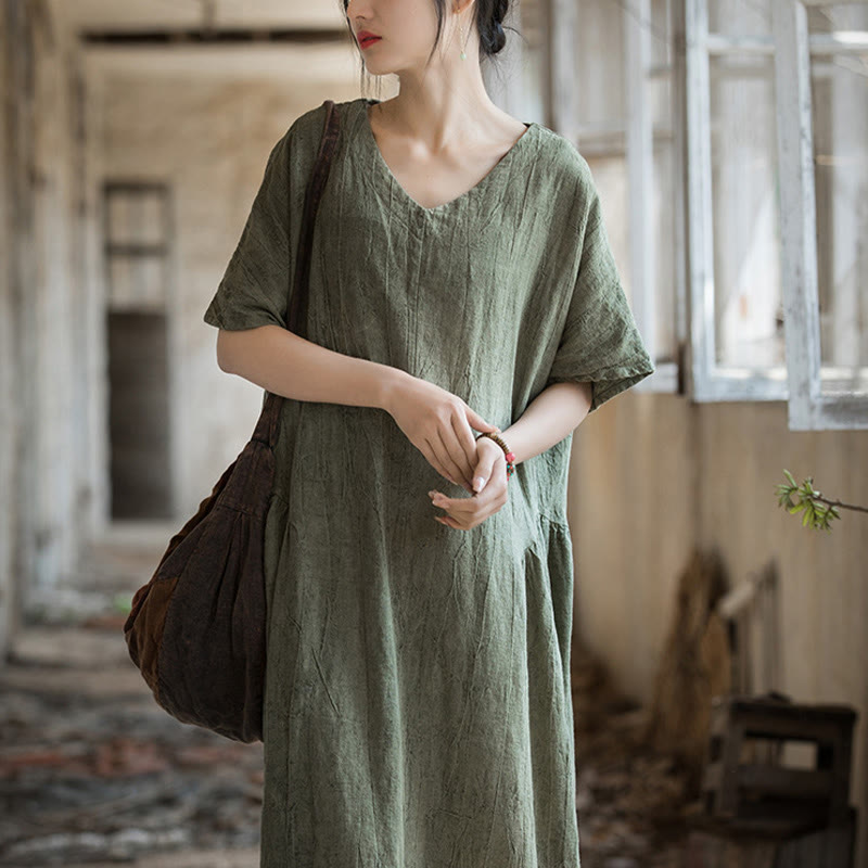 Vestido midi con cuello en V y teñido anudado hecho a mano con Buddha Stones Vestido de manga corta de lino