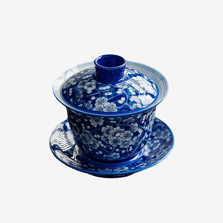 Taza de té de cerámica Gaiwan Sancai, taza de té de Kung Fu y platillo con tapa, Buddha Stones, flor de ciruelo, porcelana azul y blanca, 185ml