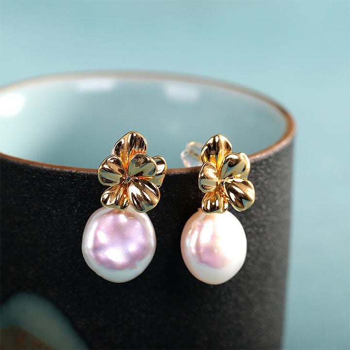 Pendientes colgantes curativos de flores de perlas barrocas naturales de plata de ley 925 con Buddha Stones