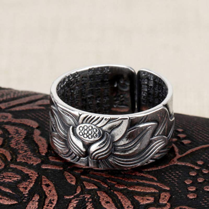 Anillo de protección Sutra de corazón con símbolo de loto de plata de ley 999 con Buddha Stones