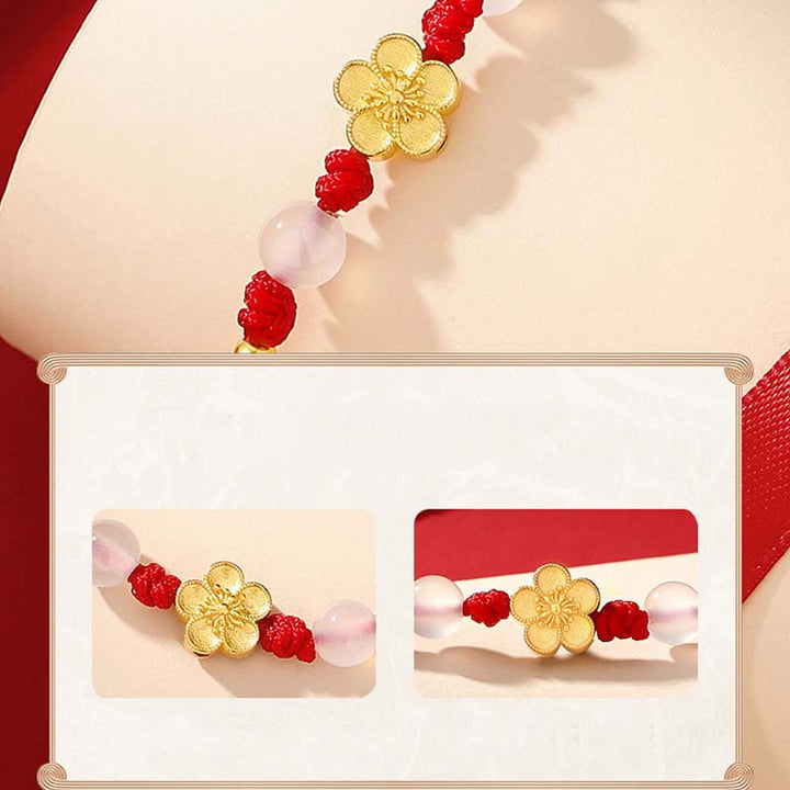 Pulsera de cuerda roja de la suerte con cuentas de calcedonia de cerezo y flor de melocotón de Plata de Ley 925 hecha a mano con Buddha Stones