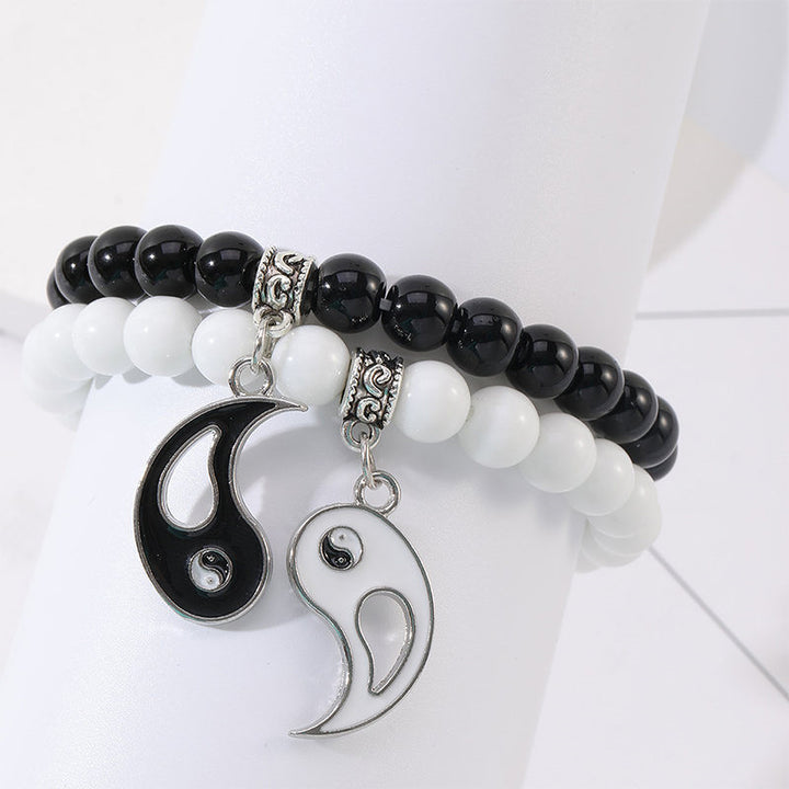 Buddha Stones 2 uds. Pulsera de pareja de protección Yin Yang con cuentas de turquesa blanca y ónix negro