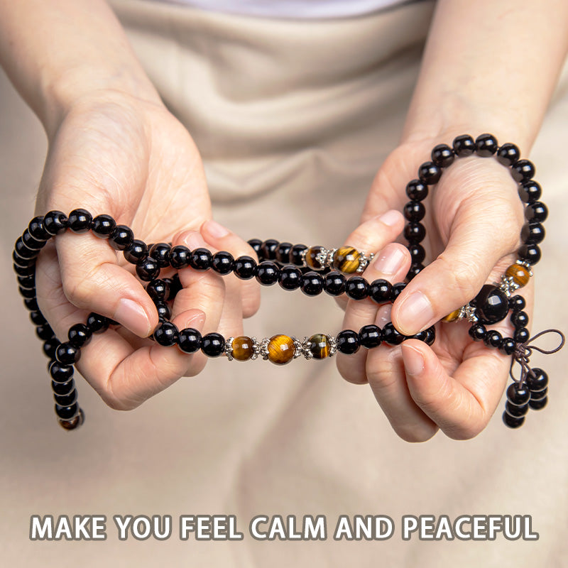 Pulsera Mala de ojo de tigre de obsidiana negra natural con 108 Buddha Stones