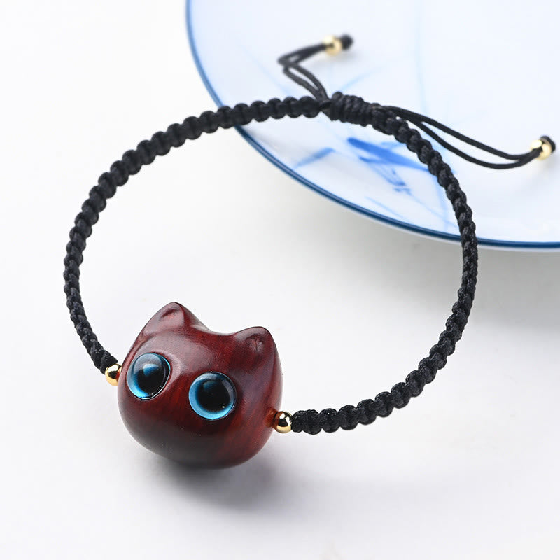 Pulsera trenzada con Buddha Stones, hoja pequeña, sándalo rojo, madera de ébano, cabeza de gato bonita, protección tranquila - Sándalo rojo de hoja pequeña (Alejar los malos espíritus ♥Protección) (Circunferencia de la muñeca 14-16 cm) - image 1