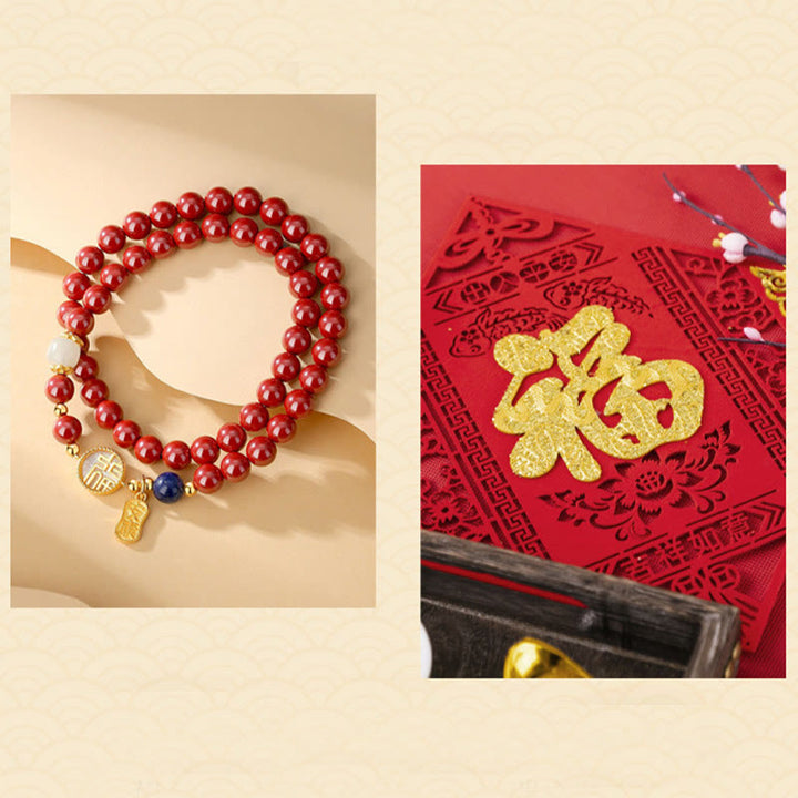 Pulsera de bendición de doble envoltura con carácter Fu de piedra Tridacna de cinabrio de plata de ley 925 de Buddha Stones