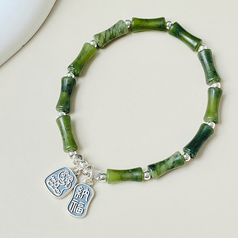 Pulsera de plata de ley 925 con Buddha Stones , bambú, jade, gato de la suerte, carácter Fu, suerte y abundancia - image 2