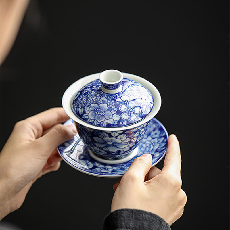 Taza de té y platillo de cerámica Gaiwan Sancai, porcelana azul y blanca Vintage, Buddha Stones , Kung Fu, con tapa