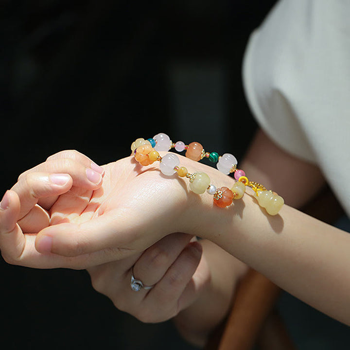 Pulsera de abalorios de riqueza con cuentas de calabaza Pixiu, cristales de Jade de seda dorada Natural