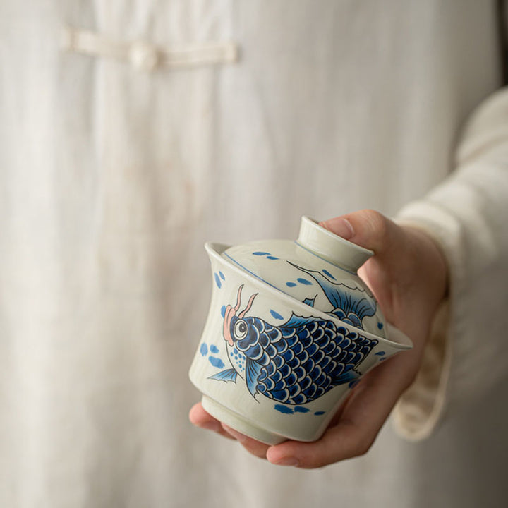 Buddha Stones Koi Arowana cerámica Gaiwan Sancai taza de té Kung Fu con tapa 130ml