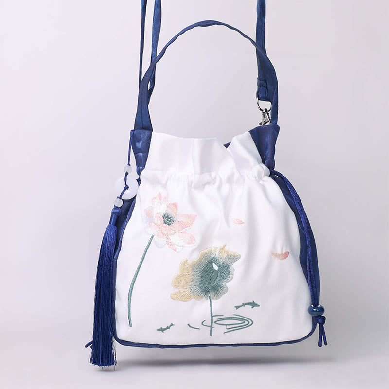 Buddha Stones Bordadas Loto Koi Pez Grulla Camelia Algodón Lino Tote Bandolera Bolso Bandolera Bolso