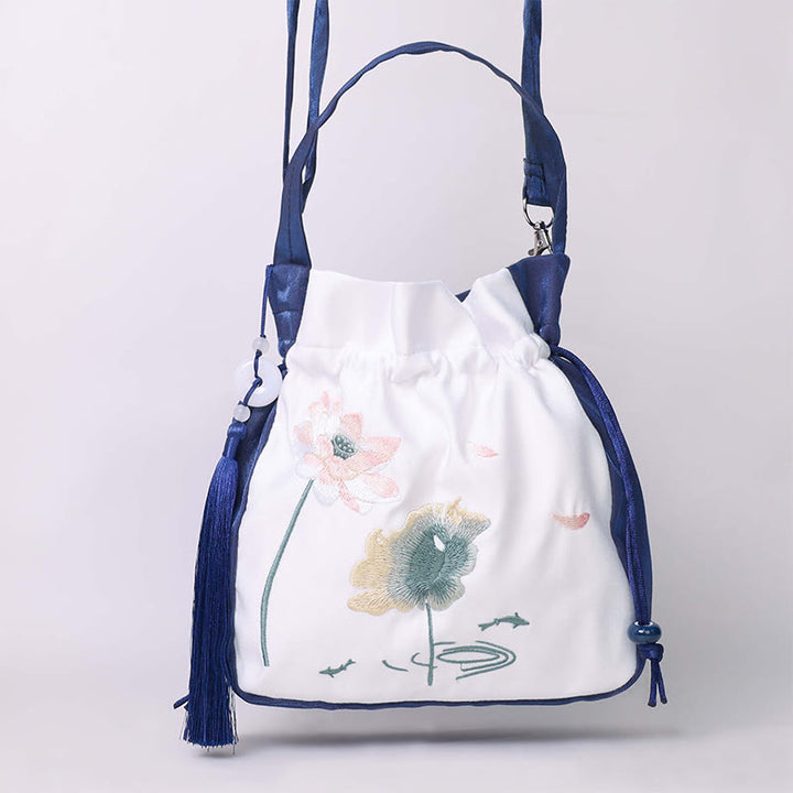Buddha Stones Bordadas Loto Koi Pez Grulla Camelia Algodón Lino Tote Bandolera Bolso Bandolera Bolso