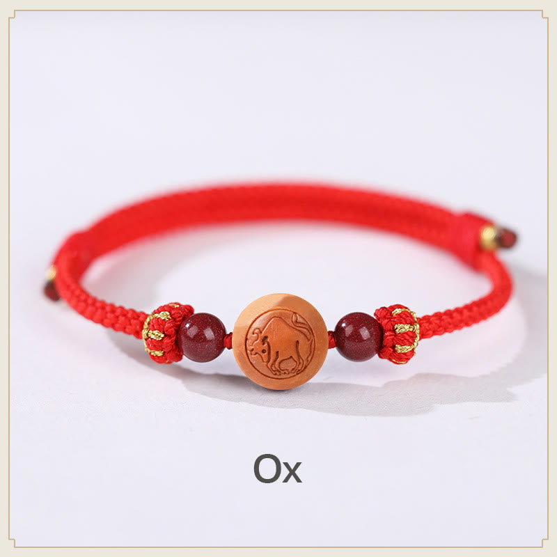 Pulsera de riqueza de cinabrio tallada con carácter del zodíaco chino, madera de melocotón Natural, Buddha Stones - Rojo buey (circunferencia de la muñeca 14-18 cm) - image 2